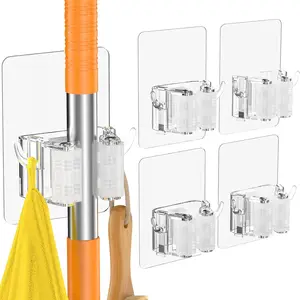 No drill needed Broom Holder Wall Mount, 4 Pack New Version Broom Holder, Super Anti-Slip Mop and Broom Holder Wall Mount, Adhesive Broom Hanger Mop Organizer Wall Hanging for Bathroom, Kitchen, Laundry Room Hangable