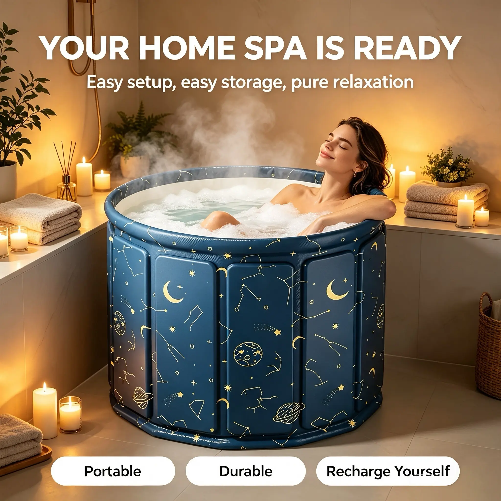 Foldable Portable Bathtub, Thickened Collapsible Freestanding Bath Tub, Space Saving Home Spa Tub for Adults, Easy to Store Indoor Soaking Bath Tub