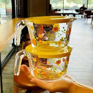 Covered Flower Glass Measuring Cup - Heat-resistant, Microwave-safe, BPA-free, Ideal for Baking, Cooking, and Morning Milk/Cold Drinks, Reusable Oval Design with Handle and Measurement Marks, Vibrant Floral Pattern, Coffee Pitcher