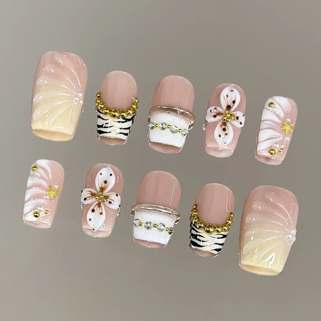 NailVesta CHAMPAGNE SHELL – 100% Handcrafted 3D Press-On Nails | Reusable, Long-Lasting, Salon-Quality black lace nail art nail art