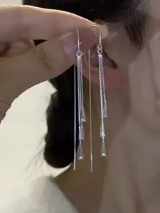 Silver Tone Elegant Long Water Drop Tassel Threader Earrings For Women, Simple Style To Slim Your Face