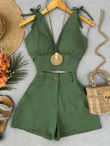 Vacation Style Chic Halter Top + Wide Leg Shorts Set, Summer Casual, Slimming Two-Piece Set, Perfect for Travel and Leisure