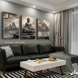 Chinese Style Buddha Pattern Canvas Painting, 3 Counts/set Meditation Theme Wall Art, Wall Decor for Living Room Bedroom Office, Ornaments