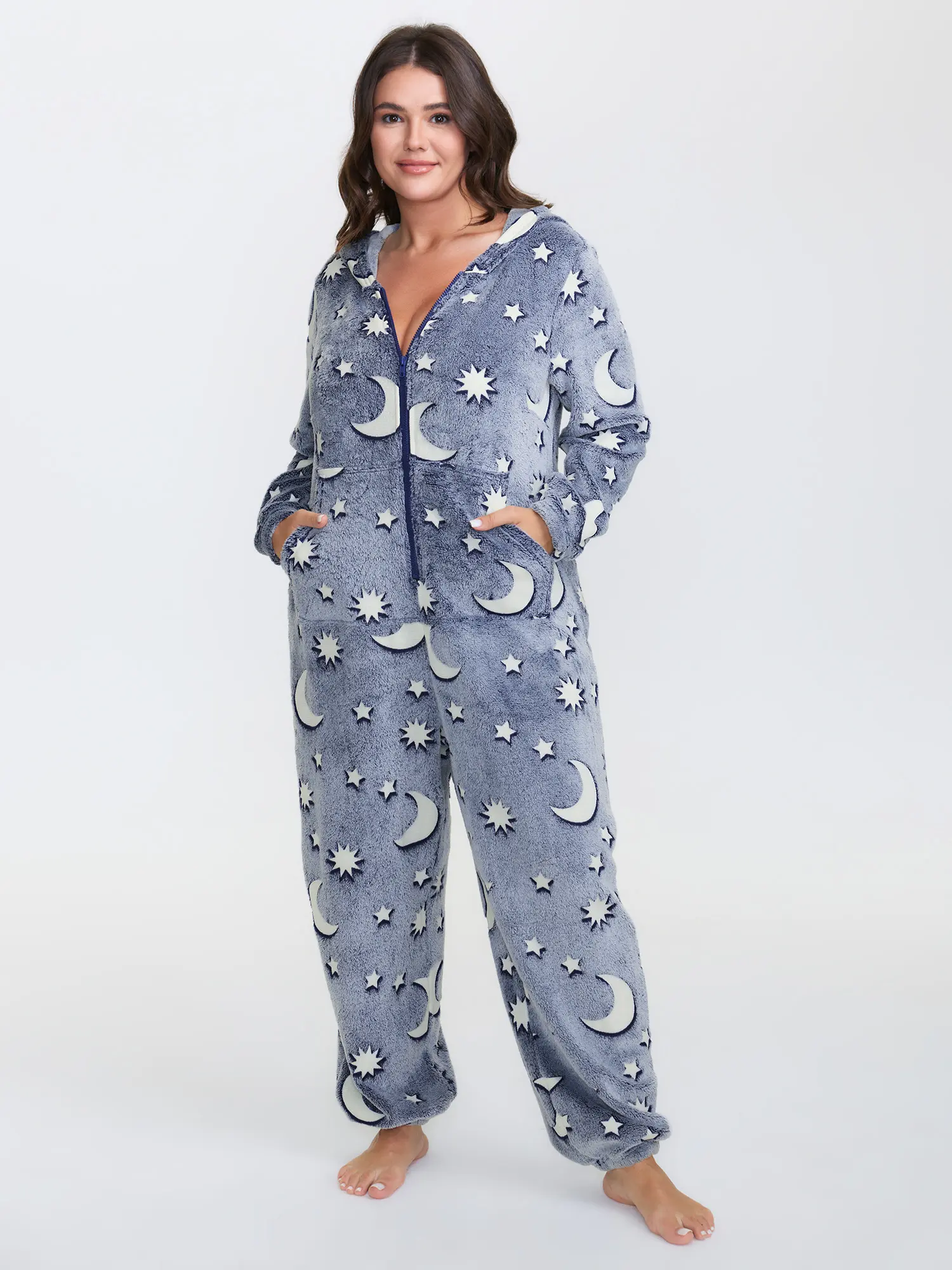 BloomChic Women's Plus Size Fluffy Star Moon Print Jumpsuit, Regular Fit Long Sleeve Clothes with a Round Neck, Front Zipper, and Pockets, Overalls, Full Body Jumpsuit, Fluffy Star Moon Design