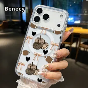 Clear Magnetic Case for iPhone 17 Pro Max 17 Air Retro Bow  Pattern Acrylic Hard Back Soft Silicone Edge Bumper Sockproof Cover