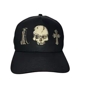 Skull Embroidered Baseball Hat On Black Color Red Under Brim Cross And The Dead Design