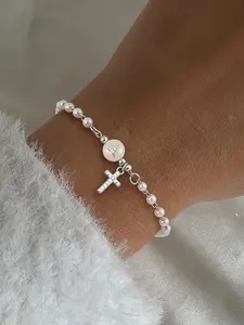 Women's Silver Color Zircon Cross Pendant Round Initial Letter Bracelet, Fashion Retro Faux Pearl Chain, Casual All Seasons, Elegant Jewelry Bracelet