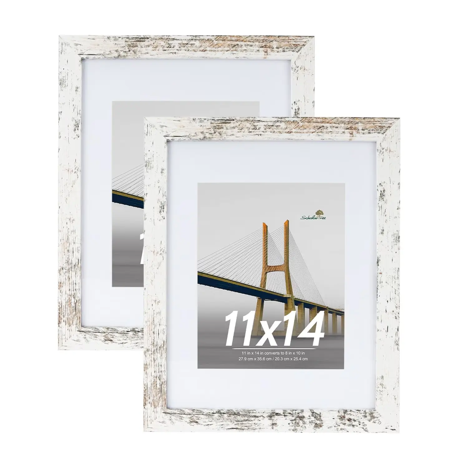 Scholartree 11 x 14 Wood Gallery Picture Frames Set of 2-11x14 Matted to 8x10 Wall Frames, White
