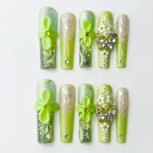 DiDazzle Hand-Carved “Jade Bloom” Aquarium 1.7inch Press-On Nails – Green Liquid Core Square Nails, 3D Sculpted Floral Art