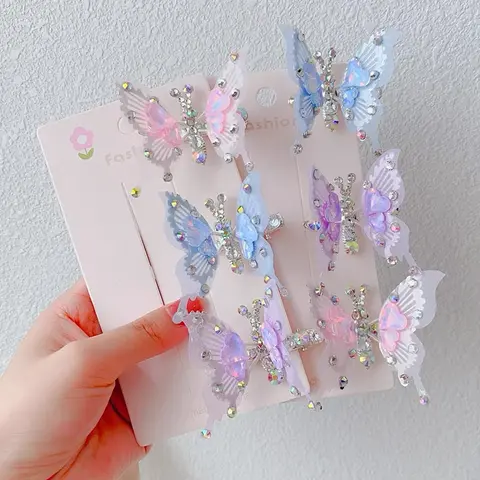 5cm Bling Hair Fashion Clip - 3D Stereo Butterfly Shape, AB Rhinestone Decor, Vintage Sheer Fabric Tulle Bow, Spring Metal Clamp, Sparkling Grip, Little Girls' Princess Accessory for Everyday, Birthday Party
