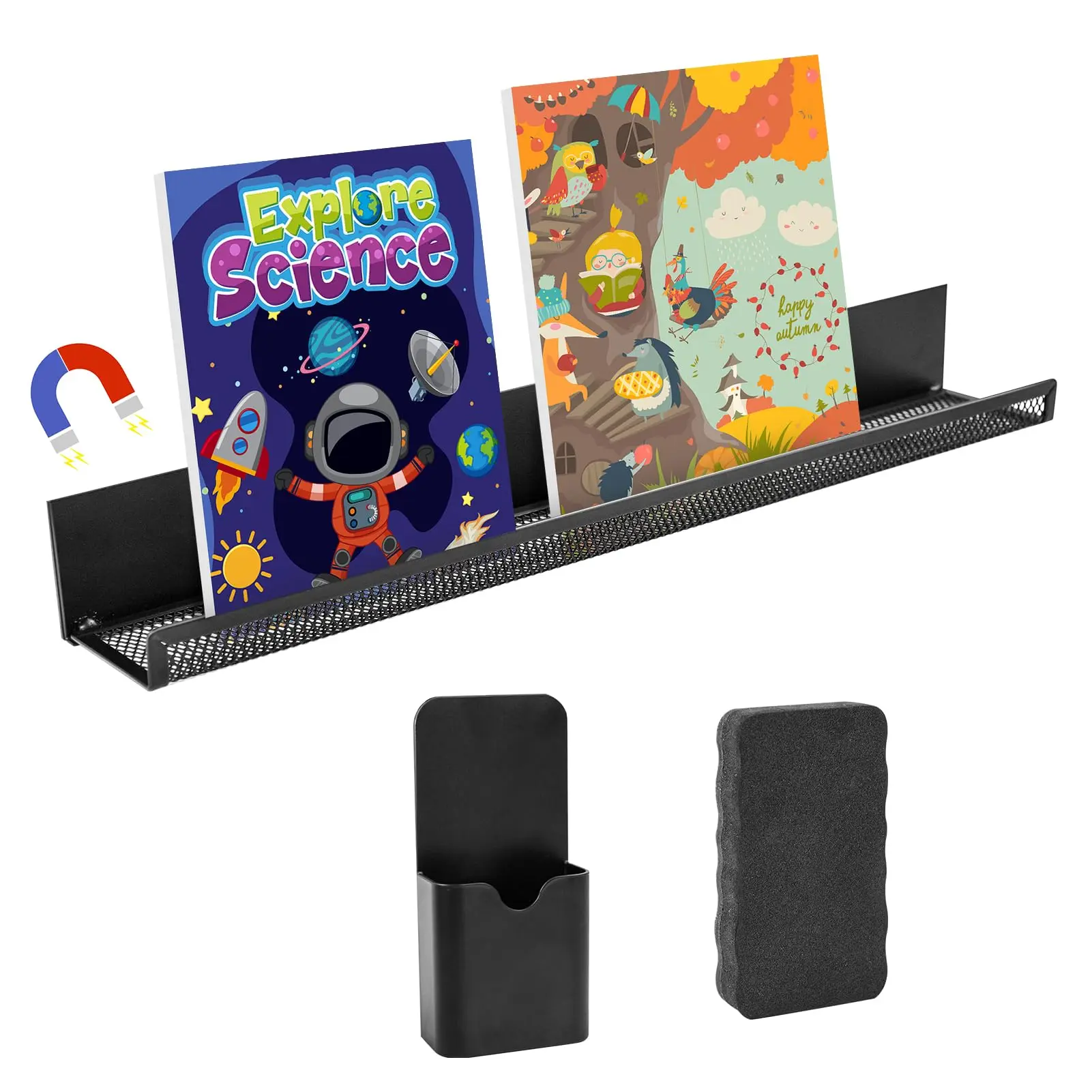 Metal Magnetic Book Shelf For Whiteboard Classroom  17inch Floating Display With Marker Holder Eraser Heavy Duty Refrigerator Organizer Room Office Teacher