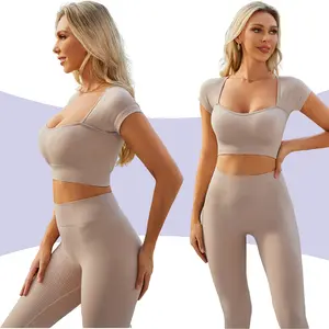 Women's Solid Seamless Long Sleeve Crop Top & Leggings Workout Exercise Tracksuit Set Active Set Ribbed Square Neck Tee & Yoga Pants Skinny Tummy Control Sports T-Shirt & High Rise Hip Lift Leggings Women's Sportswear for Gym Running