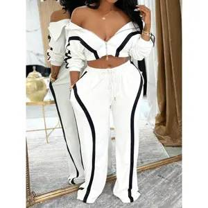 Women’s casual sports color-block cardigan set, slim-fit cropped top and wide-leg pants, fashionable for autumn and winter, everyday wear GARMENTARY