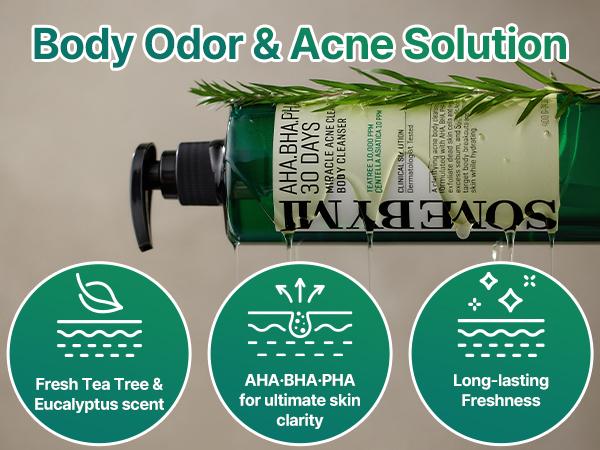 AHA BHA PHA 30 Days Miracle Acne Clear Body Cleanser 13.5oz - Body Odor Control & Back Acne Treatment - Gentle Exfoliating Body Wash - Korean Skincare