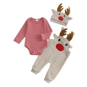 Canrulo Baby Boy Girl Christmas Outfit Newborn Striped Onesie Reindeer Plush Overalls Pants Hat Set Fall Winter Warm Clothes