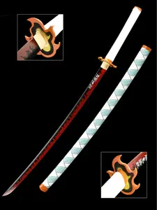 Demon Slayer Kyojuro Rengoku Nichirin Blade Cosplay Prop - Blunt Toy Sword with Fiery Red Blade White Handle & Flame Tsuba for Anime Role-Playing