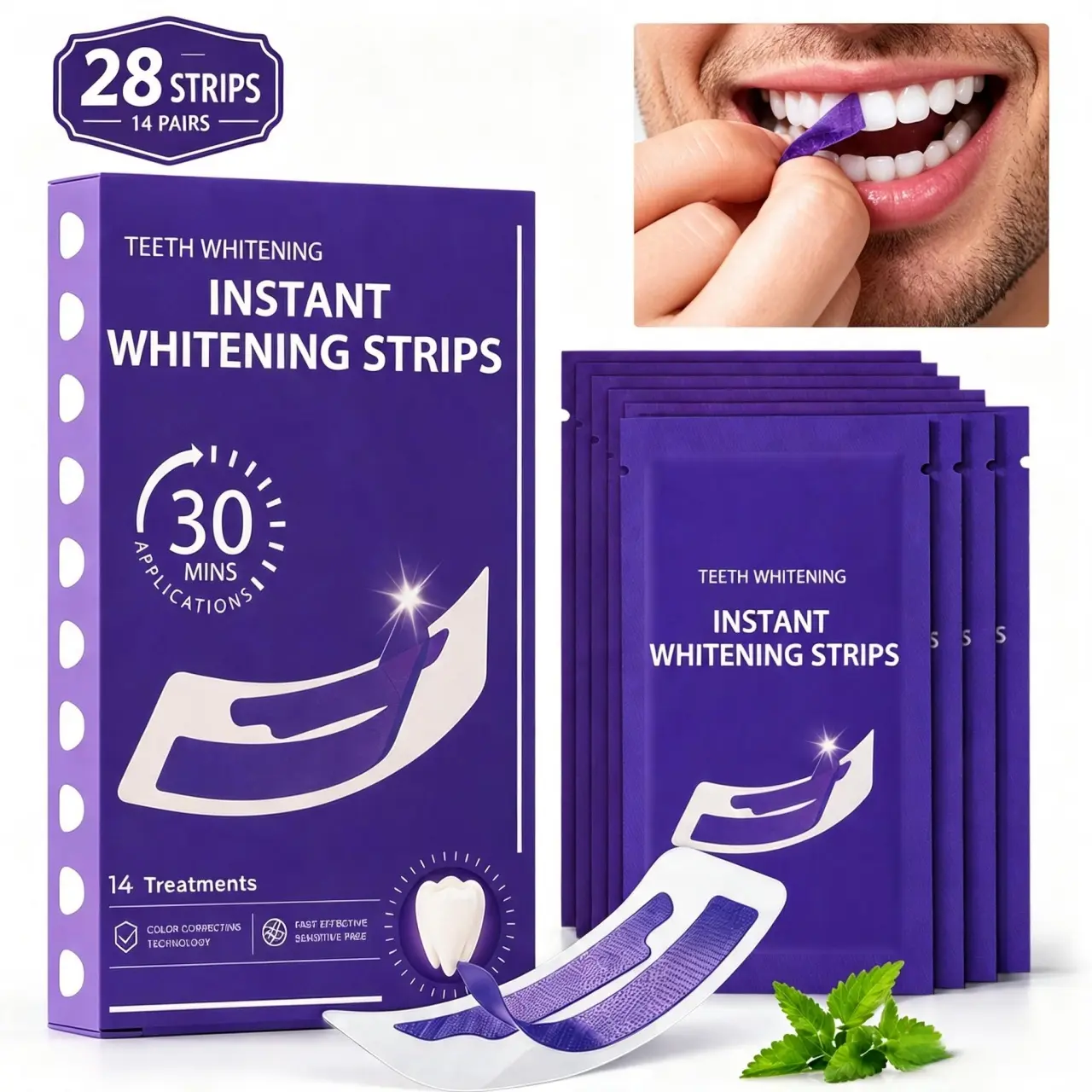 Purple Teeth Whitening Strips 14 Pairs – Peroxide-Free & Enamel Safe for Sensitive Teeth, No Pain Yellow Stain Corrector, Natural Color Enhancement for Brighter Smile, Daily & Travel Use