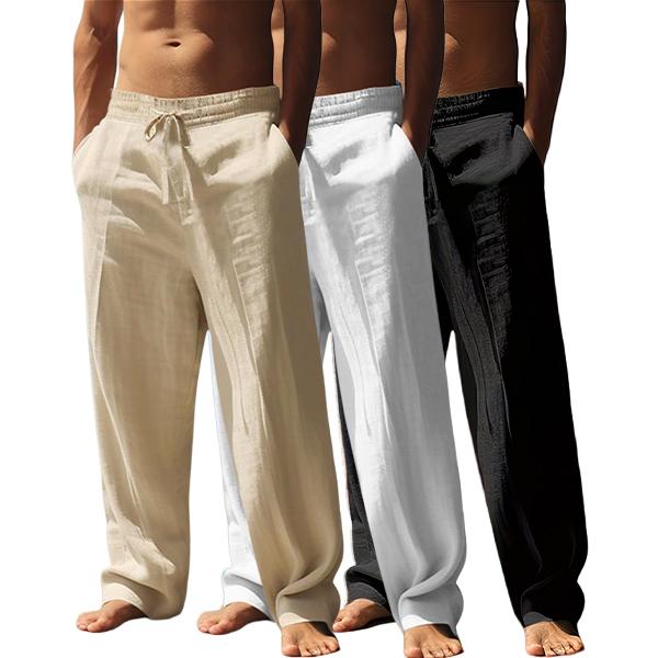 3-Pack Men’s Solid Color Linen Straight-Leg Pants – Comfortable for Everyday Wear, Suitable for All Seasons, Casual Loose Fit, Casual Relaxed Fit