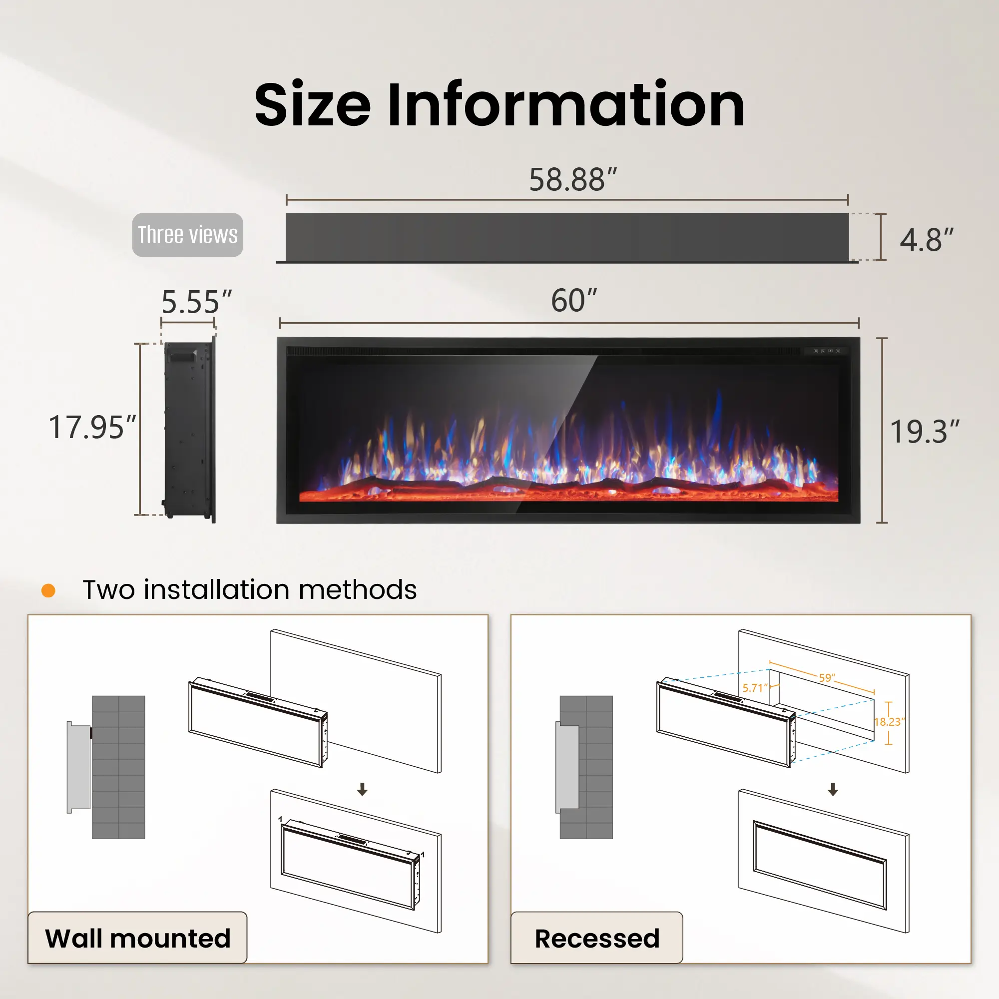 60C(5.55"D x 60"W x 19.3"H)