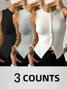 Women's Plain Round Neck Button Front Cardigan, Asymmetrical Hem Sleeveless Vest, Casual Commuter Daily Wear Top Set, 3 Piece