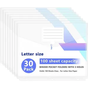 30 Pack Binder Pockets for 3 Ring Binders, 100 Sheets High Capacity Pocket Folders, Expandable, Plastic Folders with Tight Closure, Folders with Pockets Side Loading, Letter Size, Clear