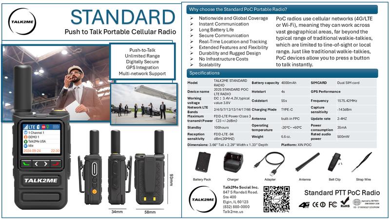 Talk2Me 25 STANDARD Walkie-Talkie Portable Radio with USB Charger Cable 1st Year Service Included MOST LOVED Walkie Talkie 36 Country Coverage USA All Carriers Durable Global Radio