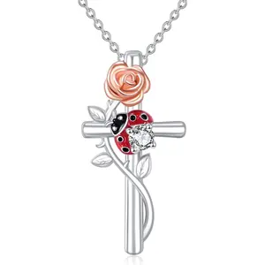 Cross Ladybug Necklace 9325 Sterling Silver Faith Pendant Lucky Jewelry Gift for Women Men Mother's Day