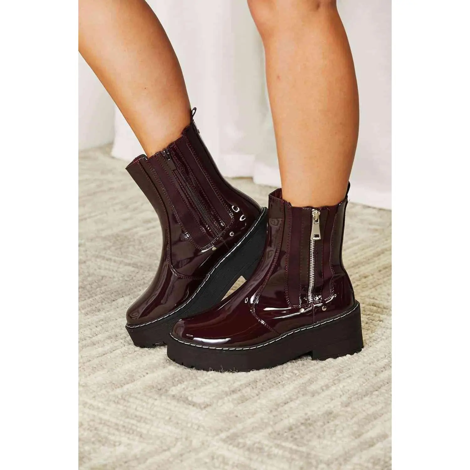 Street Glide Vegan Leather Low Platform Boots in Wine