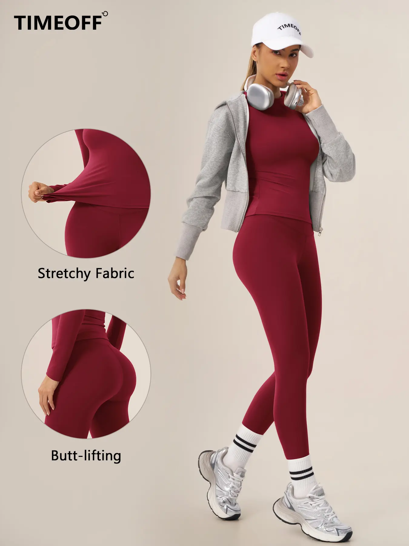 TimeOFF Long Sleeve Slim Top & High Waist Leggings Active Set, High Stretch Fabric With Butt Lifting Design, Breathable & No Pinching, Comfort Fit Without Rolling Down, Suitable For Yoga, Running, Gym Workout And Daily Casual Sports Wear