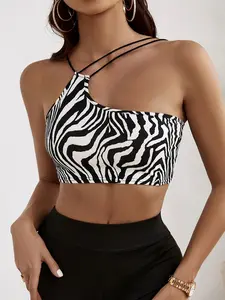 Zebra Print One-Shoulder Crop Top, Sexy Asymmetric Cutout Tank, Fitted Sleeveless Vest, Women's Y2K Street Style Party Dress