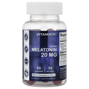 Vitamatic Vegan Melatonin Gummies, Natural Strawberry, 60 Gummies (10 mg per Gummy)