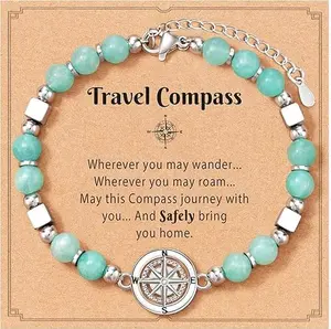 Travel Gifts for Women, Natural Amazonite Compass Bracelet, Inspirational Jewelry for Travelers