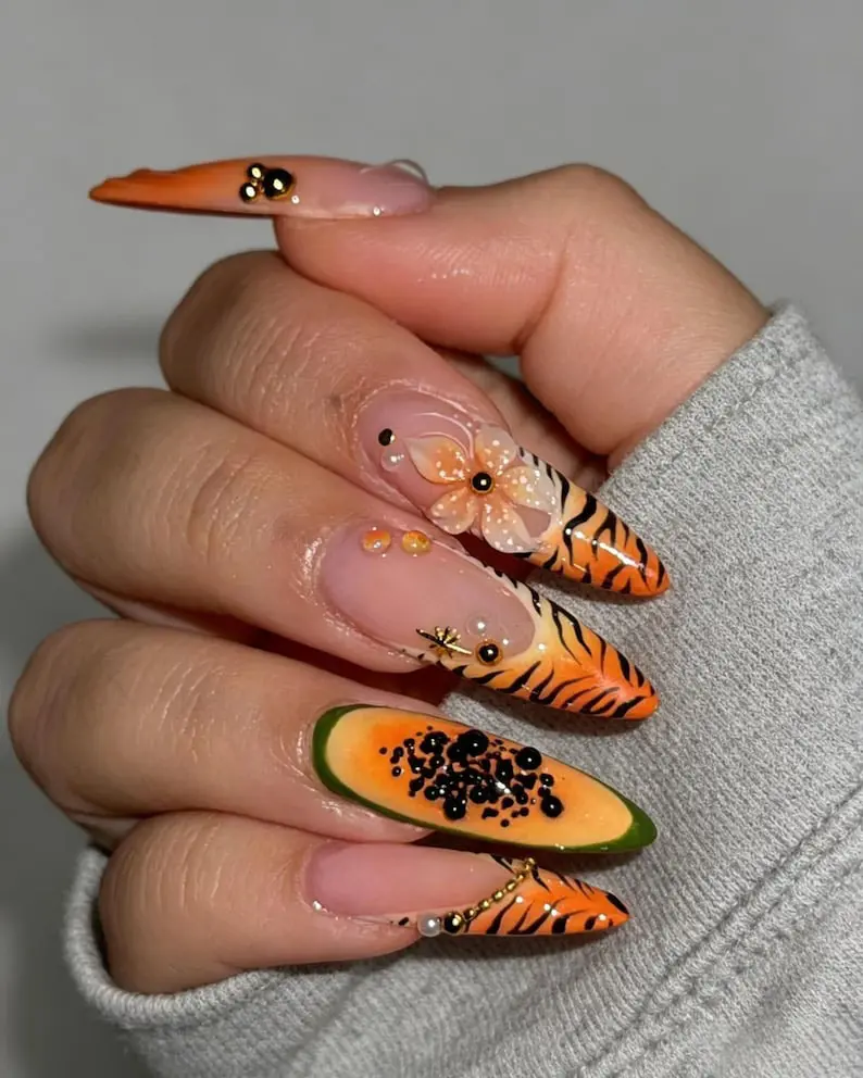 Papaya Tiger Stripe Press On Nails – Vibrant Fruit & Animal Print Mix Bold Y2K Fake Nails, Edgy Glue-On Manicure for Festival, Party & Night Out