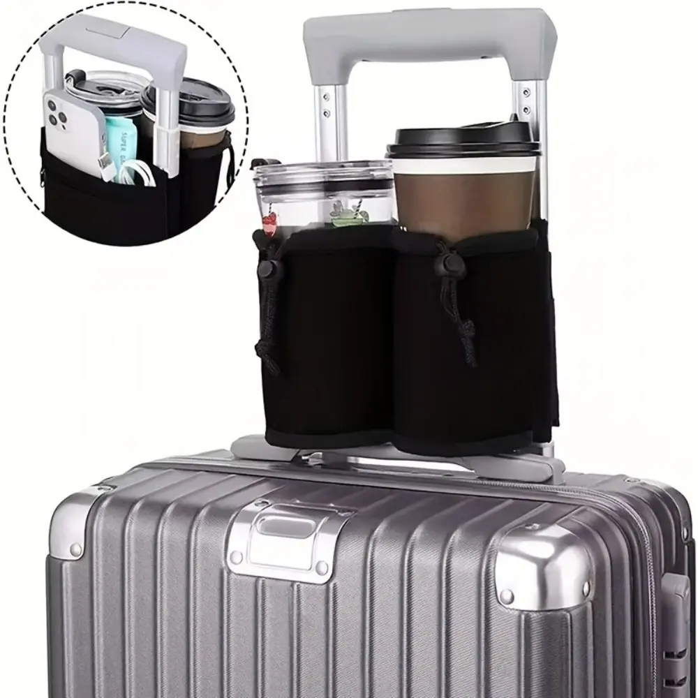 2pcs Adjustable Height Durable Heavy-Duty Travel Luggage Cup Holder & Hands-Free Trolley Case, Portable Travel Accessory, Suitable for Suitcases, Canvas Open-Top Holder for Tea, Milkshakes, Commuting, Gym, Outdoor - Trolley Case Attachment