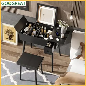 [GOOGREAT]Dressing Table 27.9'' Black Makeup Vanity Desk With Flip Top Mirror And LED Light, Dressing Table With Charging Station, 2 Drawers And Fold-Up Panel, Vanity Set With Cushioned Stool For Bedroom vanity  desk