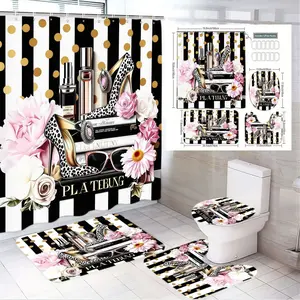 1/4pcs Bathroom Shower Curtain Set with Black White Polka Dots, High Heels Perfume Pink Roses Gold 'PLATEBUG' - Coordinating Bath Mat Toilet Cover, Black White Stripes, Festival Decor for Home, Perfect for Spring/Summer/Winter Bathroom Decor