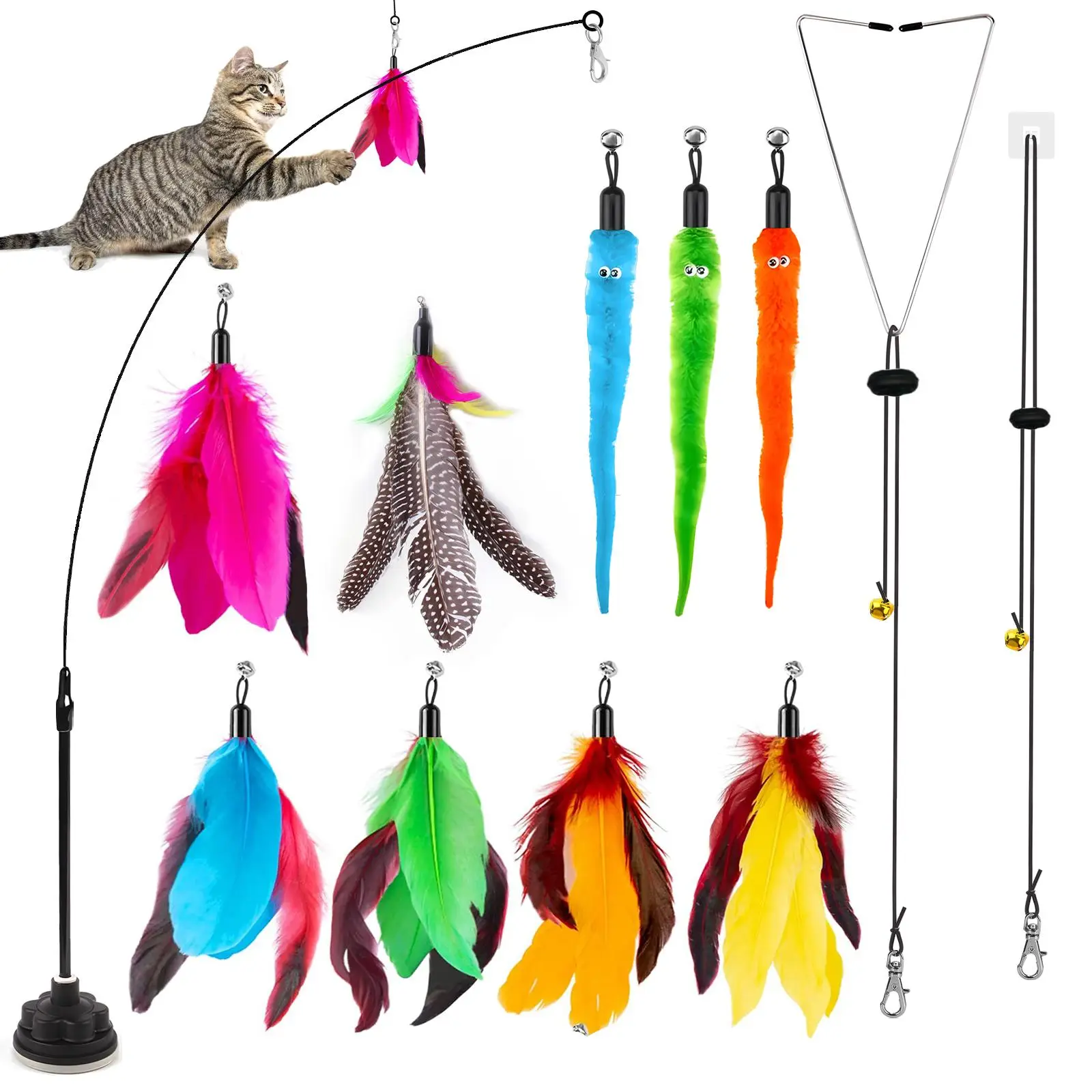 Interactive Cat Toy, 9 Counts Feather Replacement Head with Suction Cup & 2 Counts Hanging Interactive Toys, Indoor Cat Teaser Toy, Pet Supplies