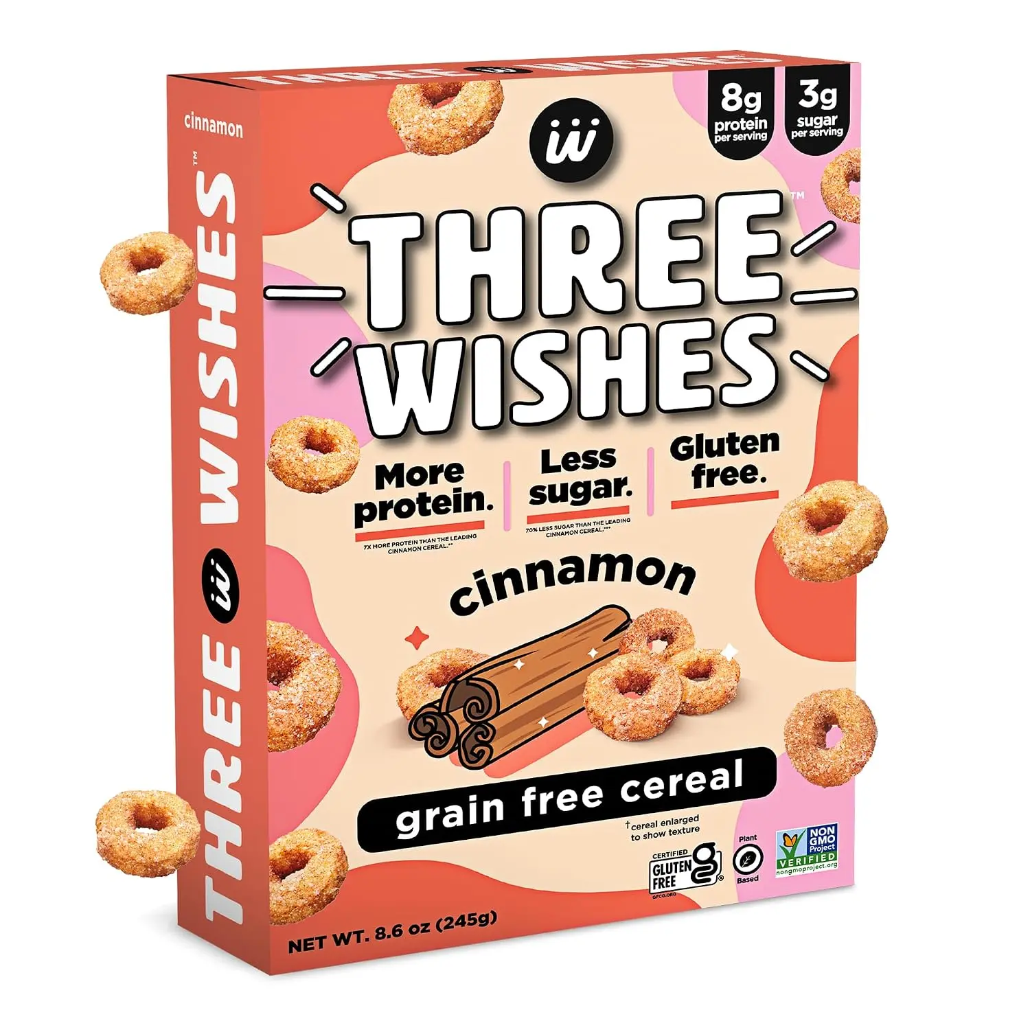 3 Wishes Cinnamon Grain Free Breakfast Cereal High Protein Low Sugar Gluten Free Plant Based Non GMO 8.6 oz