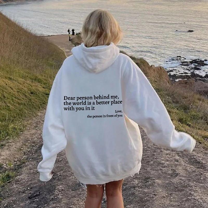 Inspirational Letter Print Plush Hoodie Unisex Oversized Pullover with Kangaroo Pocket Long Sleeves Winter Casual Hoodie in White Gray Black Apricot Pink Green Red Purple Khaki Sky Blue Beige