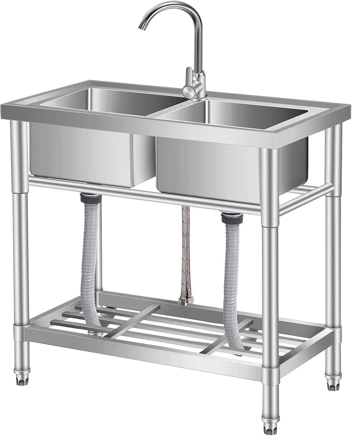 Stainless Steel Utility Sink, Freestanding Single/Double Bowl Commercial Sink with Cold and Hot Water Pipes for Laundry Room Kitchen and Bathroom Farmhouse