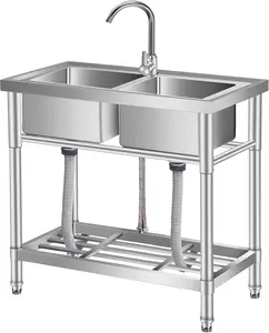 Stainless Steel Utility Sink, Freestanding Single/Double Bowl Commercial Sink with Cold and Hot Water Pipes for Laundry Room Kitchen and Bathroom Farmhouse