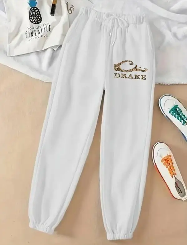 #Drake Camo Hunting Logo Printed White Color Men Women Letter Print Sweatpants, Casual Regular Fit Pants For Spring & Fall