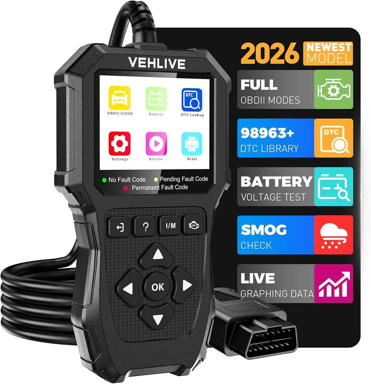 VEHLIVE OBD2 Scanner Diagnostic Tool, Check Engine Light Car Code Reader with Reset, Battery Tester, Live Data, Freeze Frame, I/M Readiness, Car Scanner Diagnostic Tool for All OBDII Car After 1996