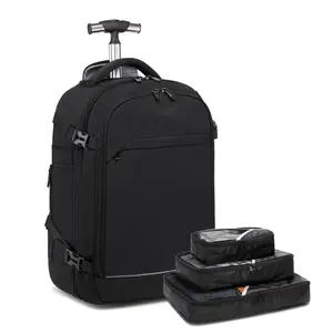 40L Rolling Backpack for Travel，Water Resistant Wheeled Laptop Backpack for Business，Fits 15.6-17 Inch Notebook，Durable Roller Computer Backpack for Women Men，Black