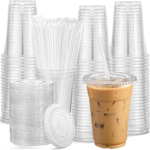 [100 Sets] 24 oz Clear Plastic Cups With Lids and Straws, Disposable Cups With Lids for Iced Coffee, Smoothie, Milkshake and Cold Drinks