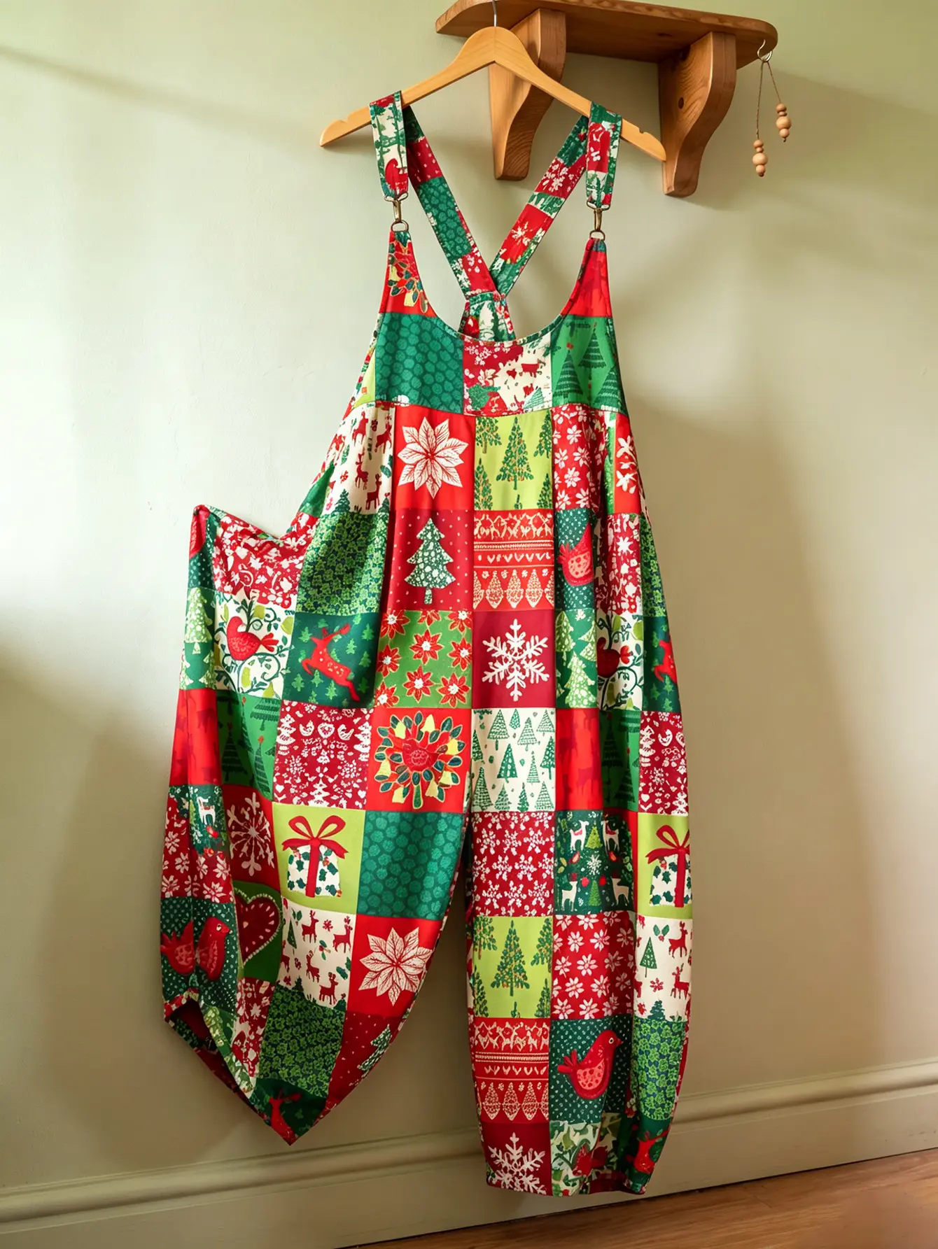 Women's Festive Christmas Patchwork Harem Overalls, Cross-Back Cozy Winter Boho Jumpsuit for Holiday OOTD