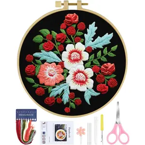 Embroidery Kit for Beginners, Flower Cross Stitch Set for Include Embroidery Cloth Hoops Threads for Craft Lover Hand Stitch with Embroidery Skill Techniques (Dream Black Cloth)