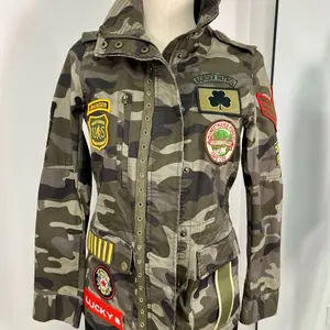 m’bellish Camouflage Hand-Embellished Field Jacket with Vintage Patches & Red Chevron Detailing Lightweight Durable Zip