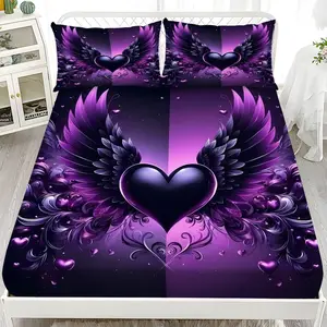 Bed Sheet Set - 3-Piece Set with 2D Flat Printing, Purple and Black Heart and Wings Pattern, Mattress Protector in Ten Sizes (1*Fitted Sheet + 2*Pillowcases, no filling), Soft and Comfortable Bedding Set, Suitable for Home Bedrooms and Guest Rooms