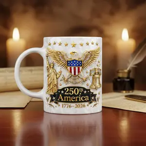 America 250th Mug 2D Printed 3D Effect Custom Name Coffee Cup With Eagle Flag Shield Statue Liberty Bell Gold Icons For Men Women 1776-2026 Holiday Gift